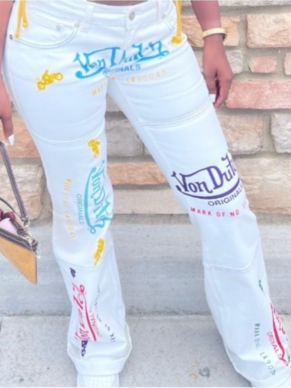 Von Dutch Patchwork Low Rider Flare Pants Sz 32 White NEW deadstock throwback